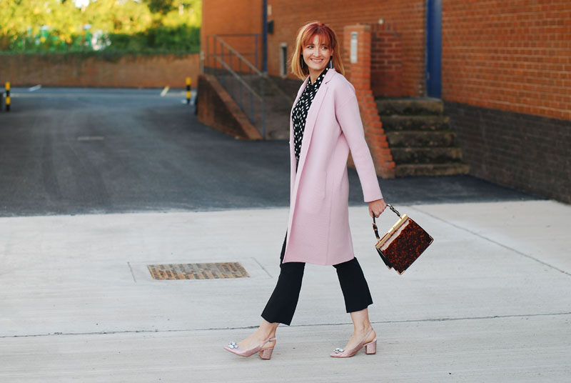 Retro 80s styling: Pink Winser coatigan and black and white polka dots, block heel pink glitter shoes | Not Dressed As Lamb, over 40 style