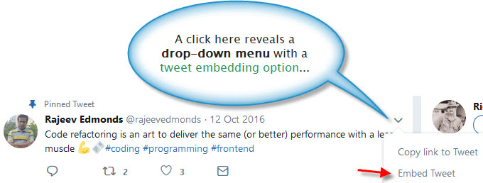 Context menu with an embed tweet option.