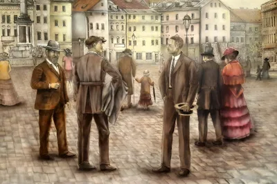 Artystyczne malowanie scdian, malowanie murali, malowidło ścienne przedstawiające Plac Zygmunta z 1930r, przedwojenna warszawa, mural