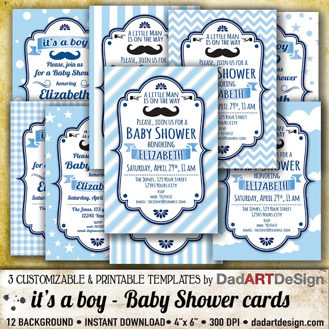 It's a Boy, 3 Baby Shower card templates via Etsy