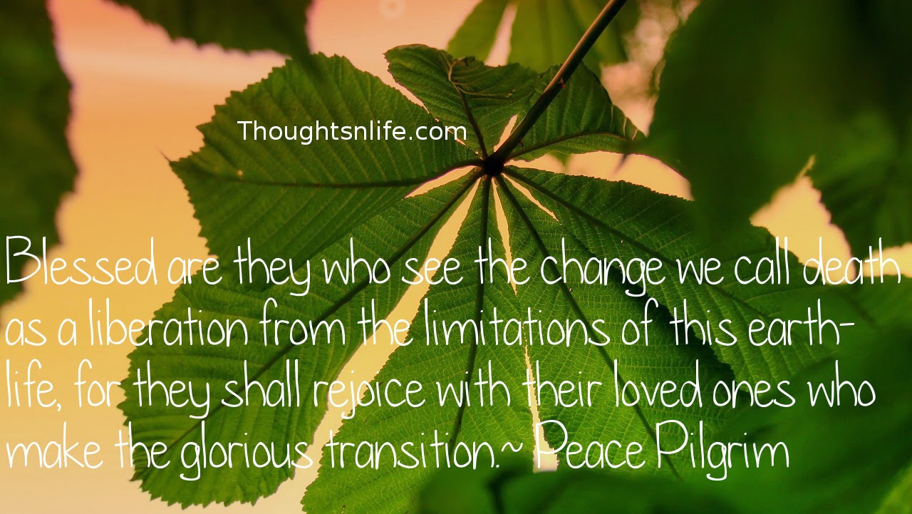 Thoughtsnlife.com : Blessed are they who see the change we call death as a liberation from the limitations of this earth-life, for they shall rejoice with their loved ones who make the glorious transition.   Peace Pilgrim
