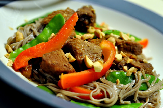 Slow-Cooker Asian Pork over Soba Noodles with Bell Peppers and Snow Peas | Taste As You Go