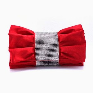 TopTie Crystal Decorated Bow Shape Satin Clutch - Red