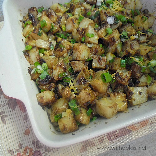 Cheesy Onion Potatoes ~ This WILL become a new family favorite if you love your Potatoes ! Only 5 ingredients and it tastes incredibly good as a side dish or a light meatless dinner #SideDish #PotatoDish www.WithABlast.net