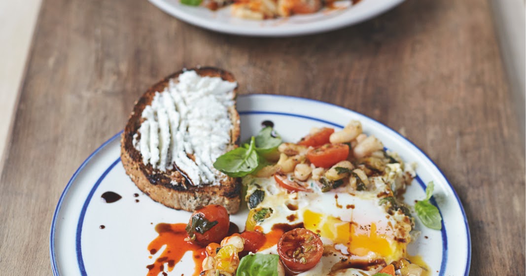Jamie Oliver's Baked Eggs in Popped Beans and Cherry Tomatoes Tinned