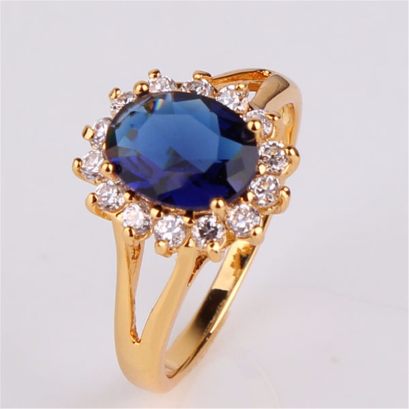 F2M Shop Gold Plated Blue Stone Ring With Big Oval Crystal Zirconia Jewelry