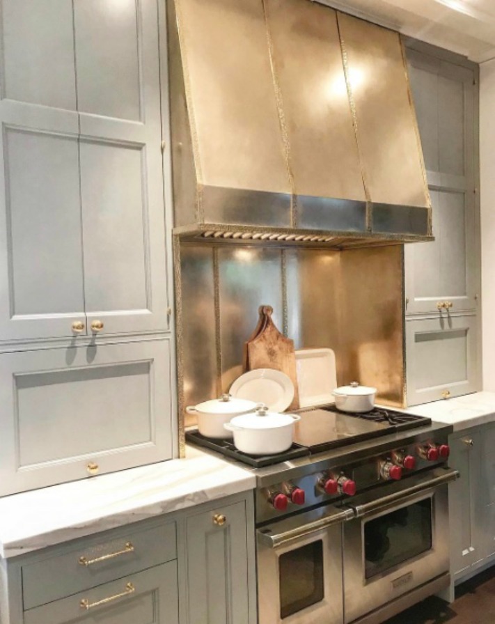 Farrow & Ball Light Blue paint color on cabinets in kitchen. Southeastern Designer Showhouse 2017 - Atlanta Homes & Lifestyles. #farrowandballlightblue #lightbluepaint