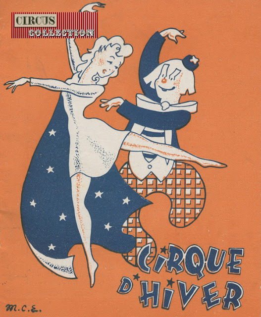 programme papier avec un clown et une danseuse en couverture dessin bleu et blanc sur fond orange