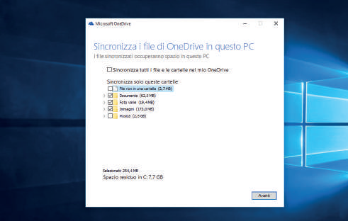 Novità One Drive in Windows 10 scelta cartella da sincronizzare