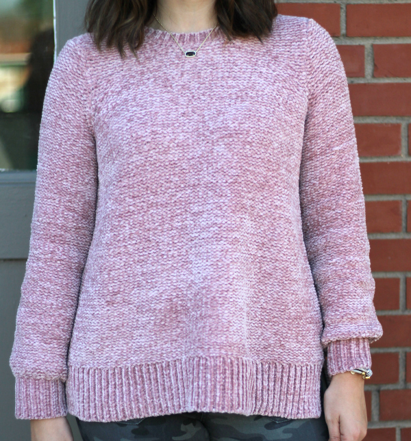 style on a budget, north carolina blog, pink chenille sweater, camo jeggings, mom style