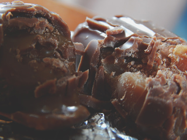 the broken inside part of chocolate revealing soft caramel