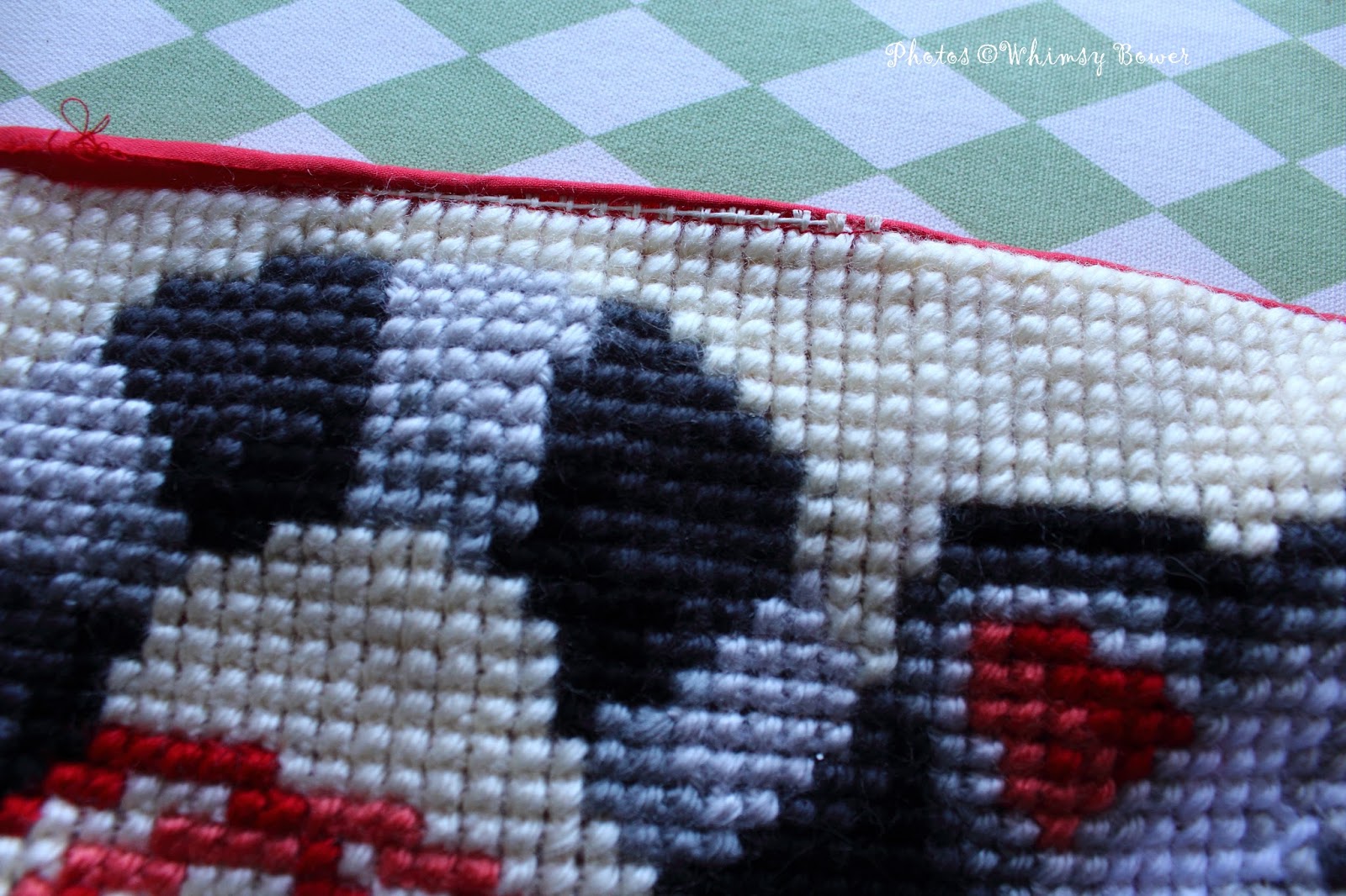 Whimsy Bower Cushioned, or how to turn a needlepoint into a pillow in