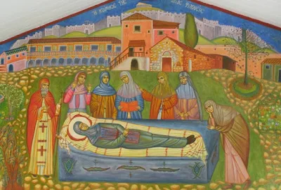 Η κοίμηση της Αγίας Φιλοθέης - τοιχογραφία   του Ησυχαστηρίου «Παναγία των Βρυούλων» στα Πατήσια.