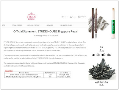 Recall marca Etude House Singapura produtos elemento antimônio