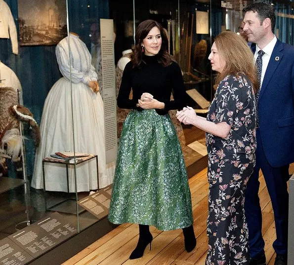 Crown Princess Mary wore H&M skirt from H&M Conscious Exclusive collection. and she wore a black sweater at Geological Museum