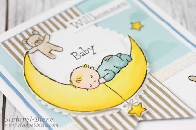 Stampinup; Moon Baby; Aquarellkarte zur Geburt; Babykarte Jungs; Glückwünschkarte zur Geburt; Baby im Mond, Match the Sketch; Stempel-biene