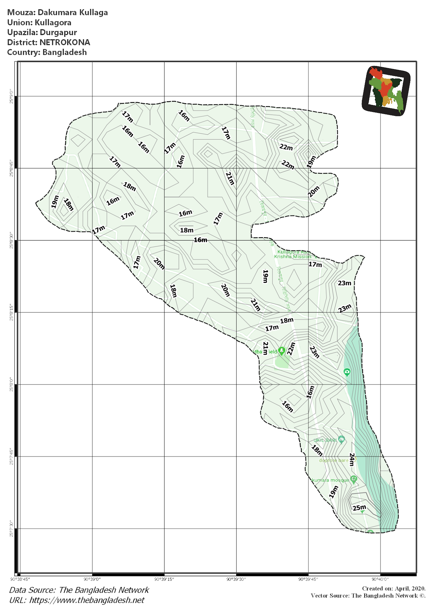 Map of Dakumara Kullaga Mouza of Durgapur Upazila, NETROKONA, Bangladesh.
