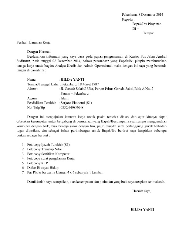 Contoh Surat Lamaran Kerja Di Instansi Pemerintahan / Contoh Surat
