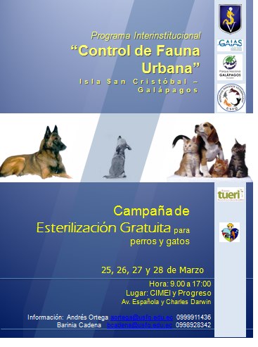 Ayúdanos a controlar la fauna urbana de Isla San Cristobal, esteriliza a tu mascota de forma gratuita y segura del 25 al 28 de marzo.