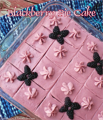 Blackberry Pie Cake, full of blackberry flavor this cake comes together in minutes. Mix, bake, cool, frost and serve. | Recipe developed by www.BakingInATornado.com | #recipe #cake