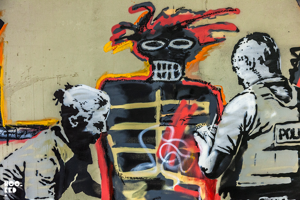 Close up detail of the new London Banksy artwork Banksy London Street Art at the Barbican Centre, London