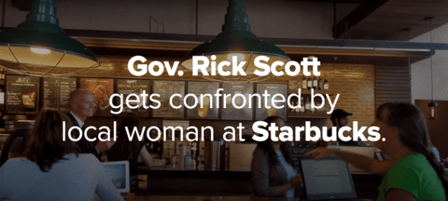 Governor Rick Scott is standing at the Starbucks counter as a woman ten feet away yells at him over cuts he made to Medicaid.