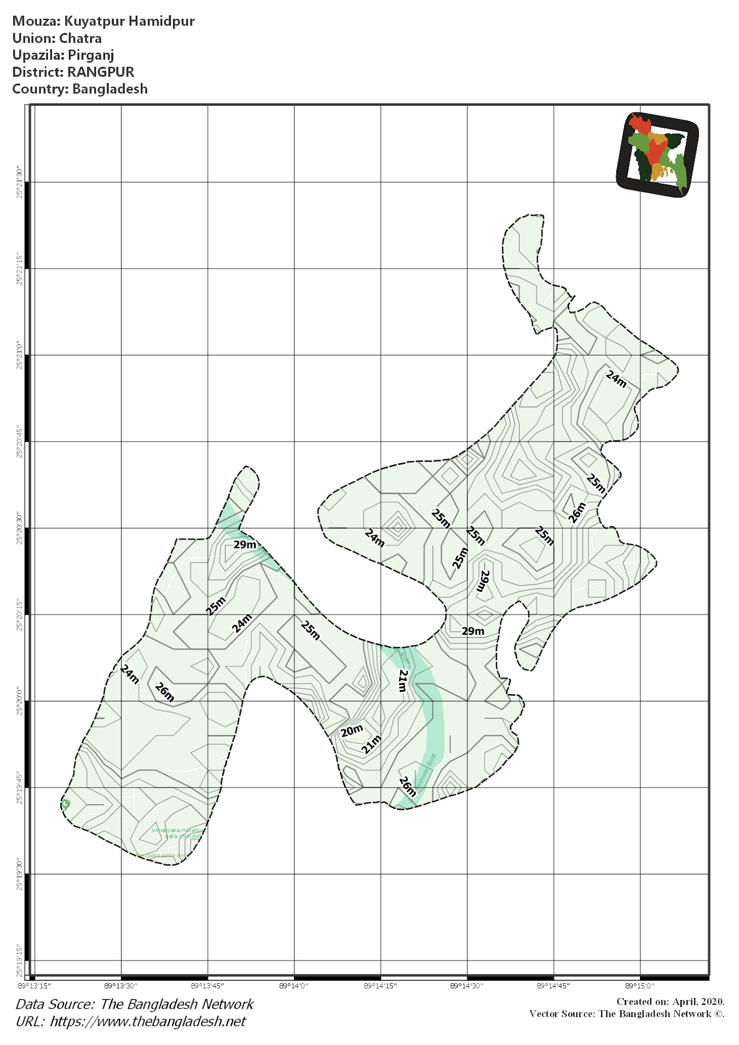 Map of Kuyatpur Hamidpur Mouza of Pirganj Upazila, RANGPUR, Bangladesh.