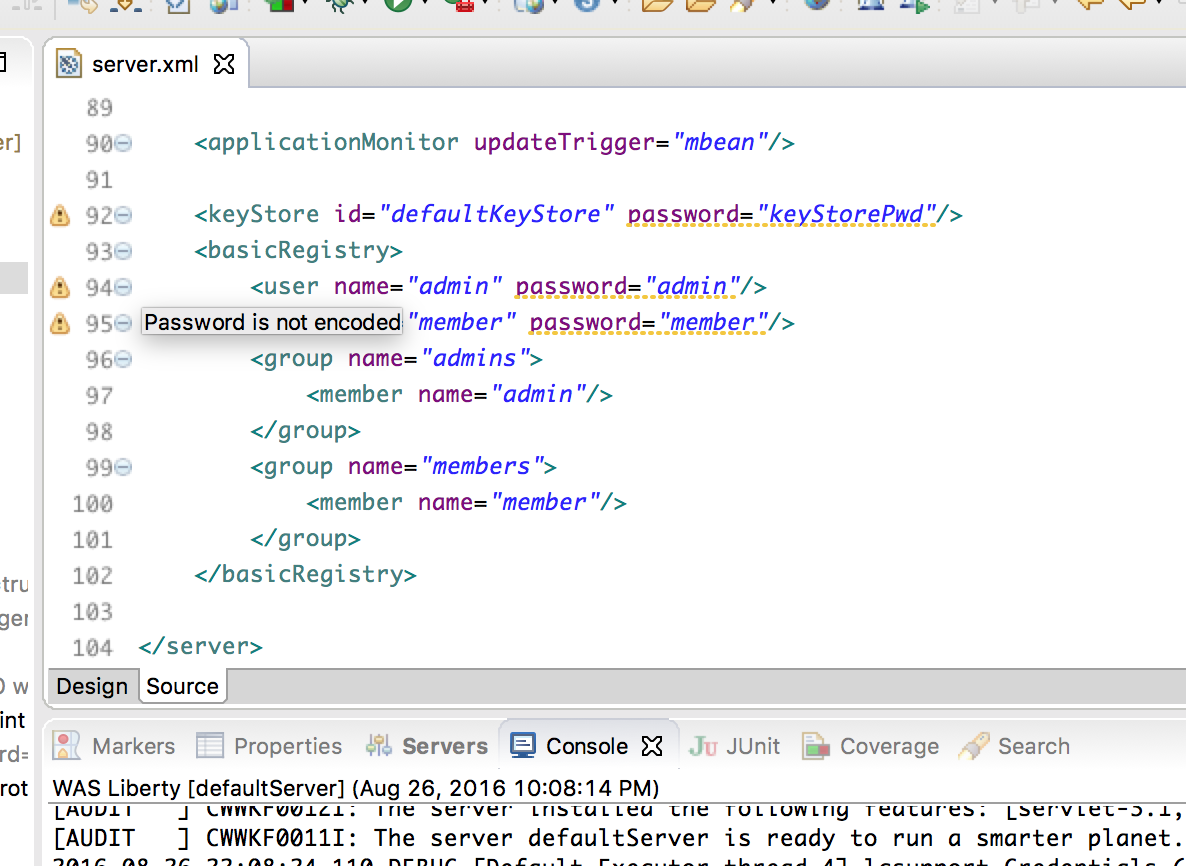 "Password is not encoded" on WAS Liberty server.xml Programming notes