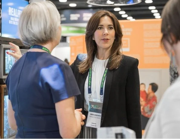 Crown Princess Mary wore Designers Remix pleated chiffon skirt and Helmut Lang Leather trimmed wool blend crepe blazer