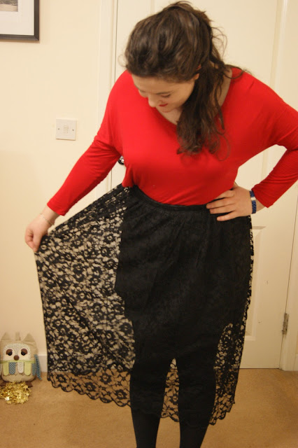 Black lace skirt, red top, black tights and boots 2
