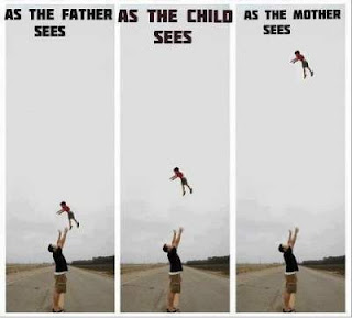 father pulling son in the air