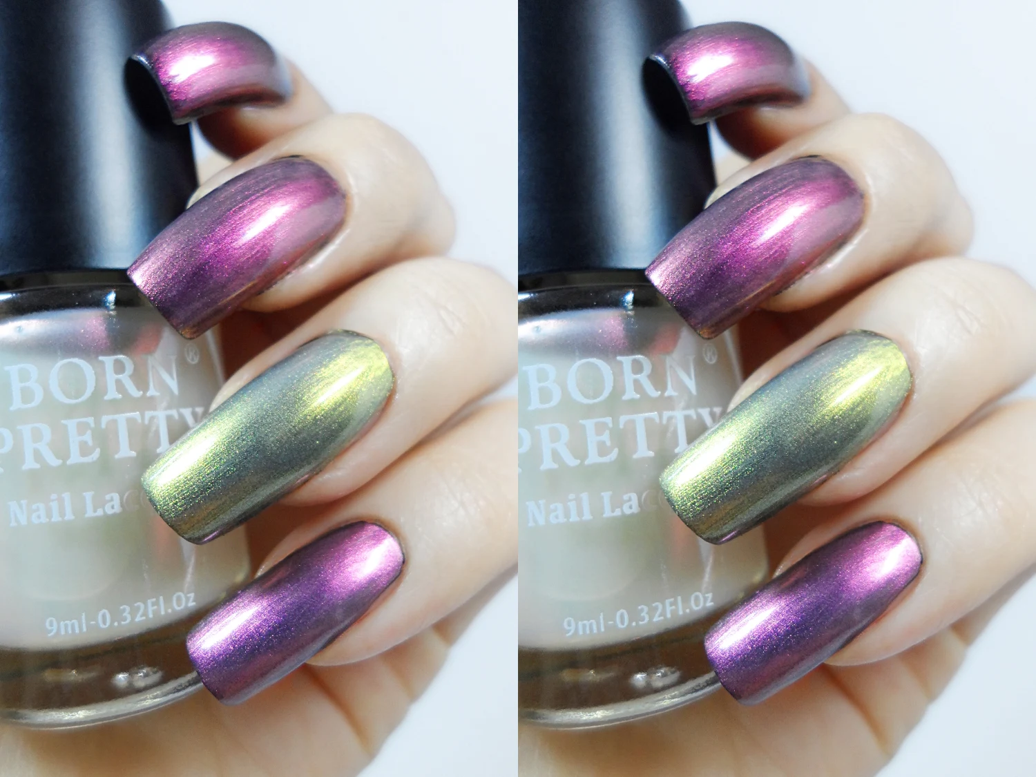 close-up five iridescent nail polishes on a plainstudio's background