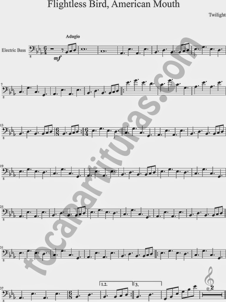 Partitura de Flightless Bird, American Mouth para Bajo Eléctrico en Clave de Fa de Crepúsculo Twilight Sheet Music for Bass Guitar in bass clef