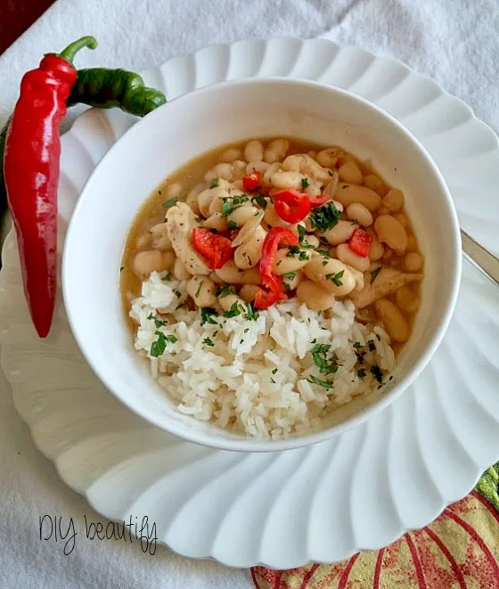 White Bean Chicken Chili served with rice
