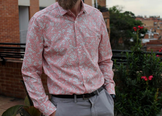 Pink floral men's button-down shirt from the Liesl and Co. All-Day Shirt sewing pattern.