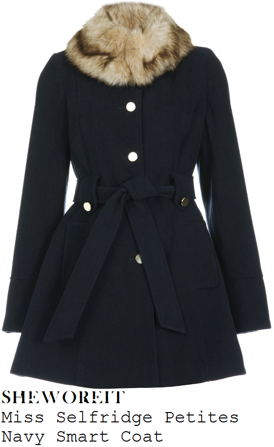 sheworeit: Lydia Bright's Miss Selfridge Navy Blue Smart Button Up Coat