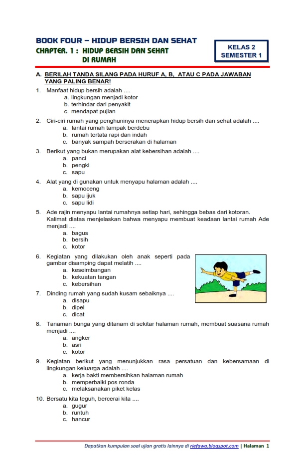 Download Soal Tematik Kelas 2 Tema 4 Hidup Bersih Dan Sehat