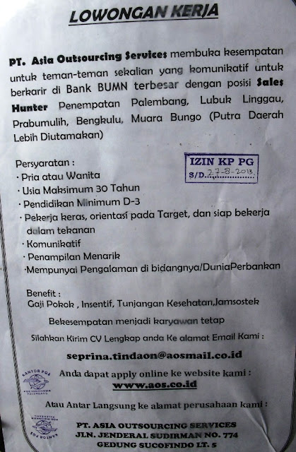 Info Loker Di Mading Kantor POS Merdeka Palembang: UPDATE 27 Juli 2013