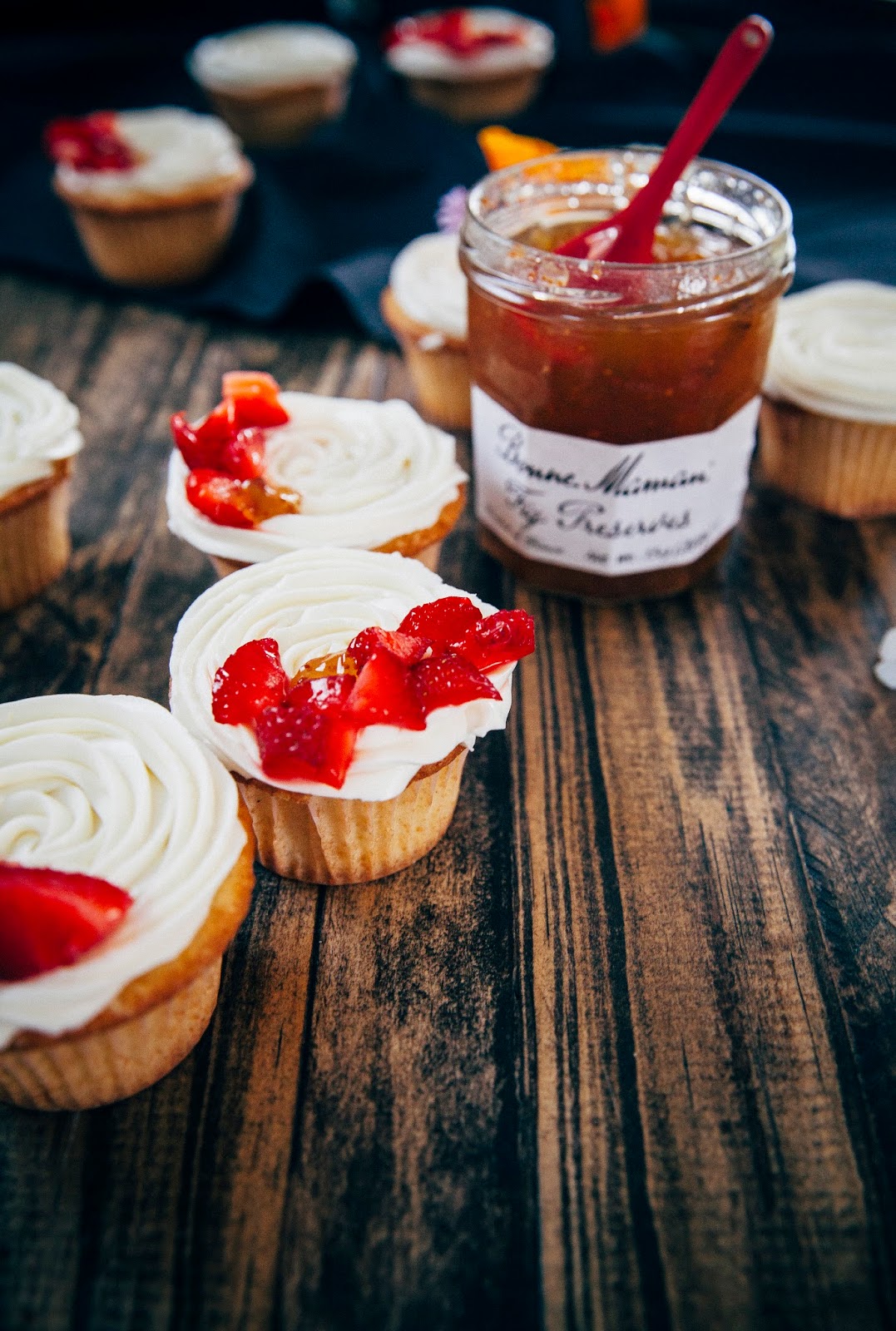 Citrus Cornmeal Cupcakes with Fresh Strawberries, Fig Jam