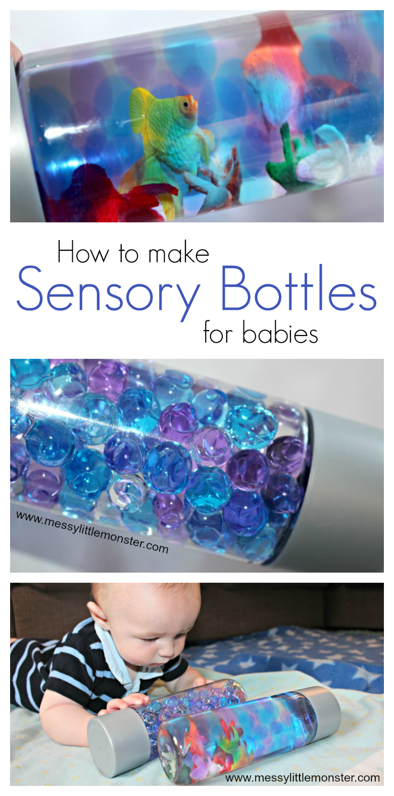 Easy homemade sensory play activities for babies - Making sensory bottles for babies.  Ocean in a bottle water bead sensory bottles for babies, toddlers or as calm down bottles. 4 month baby activity, 5 month baby activity, 6 month baby activity.