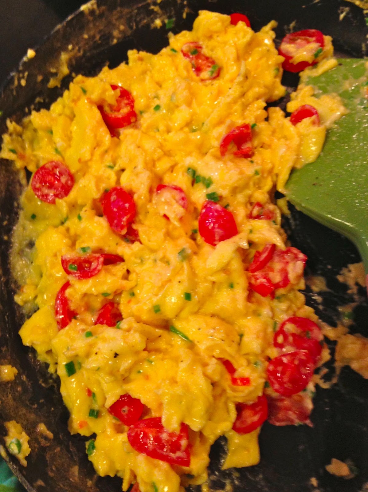 One Potato Blue Potato Scrambled Eggs with Goat Cheese, Tomatoes and