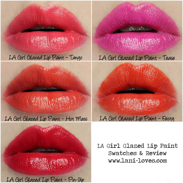 LA Girl Glazed Lip Paint - Tango, Tease, Hot Mess, Feisty and Pin-Up Swatches & Review