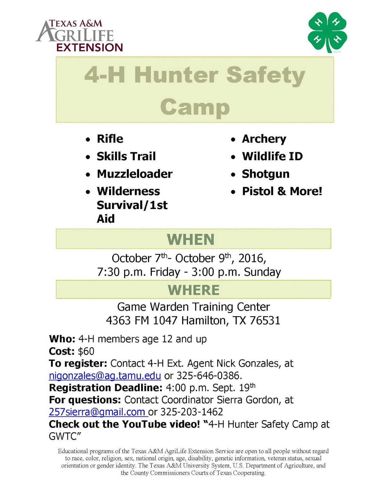 4H Hunter Safety Camp offered in Hamilton, TX Texas 4H Practitioner