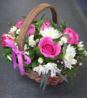 mother's day flower basket with pink ribbons patterned