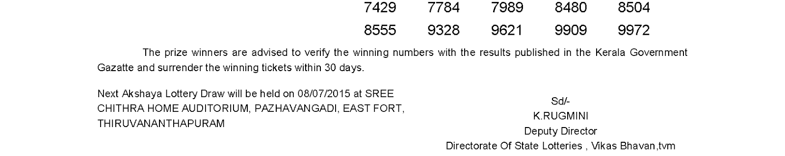 Akshaya Lottery AK 196 Result 1-7-2015