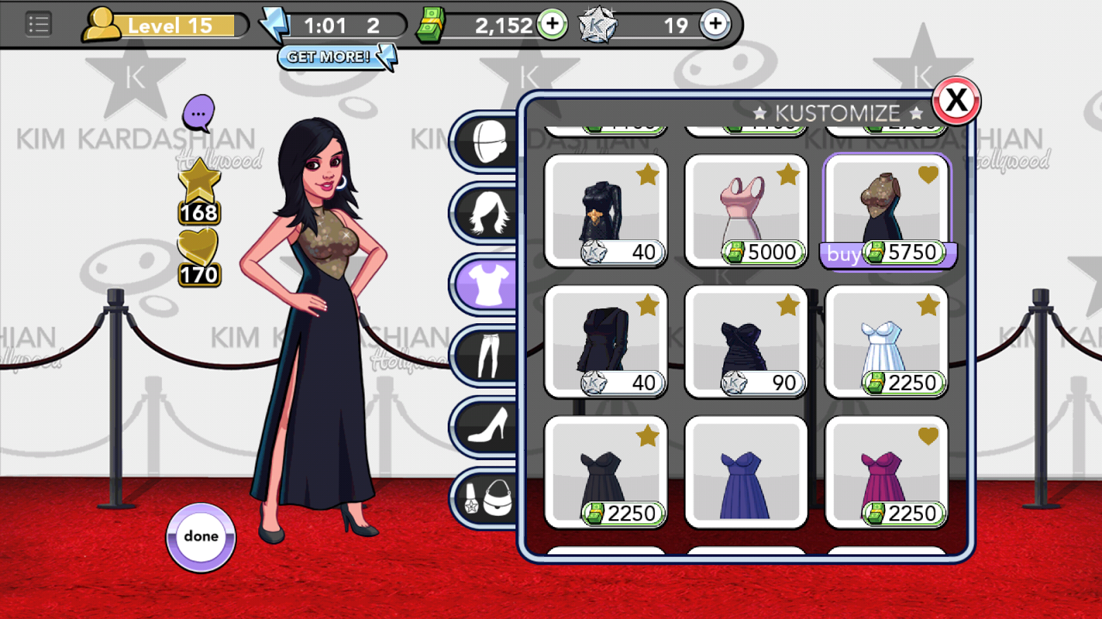 Kim Kardashian: Hollywood game - Kustomize screen for buying and changing clothes