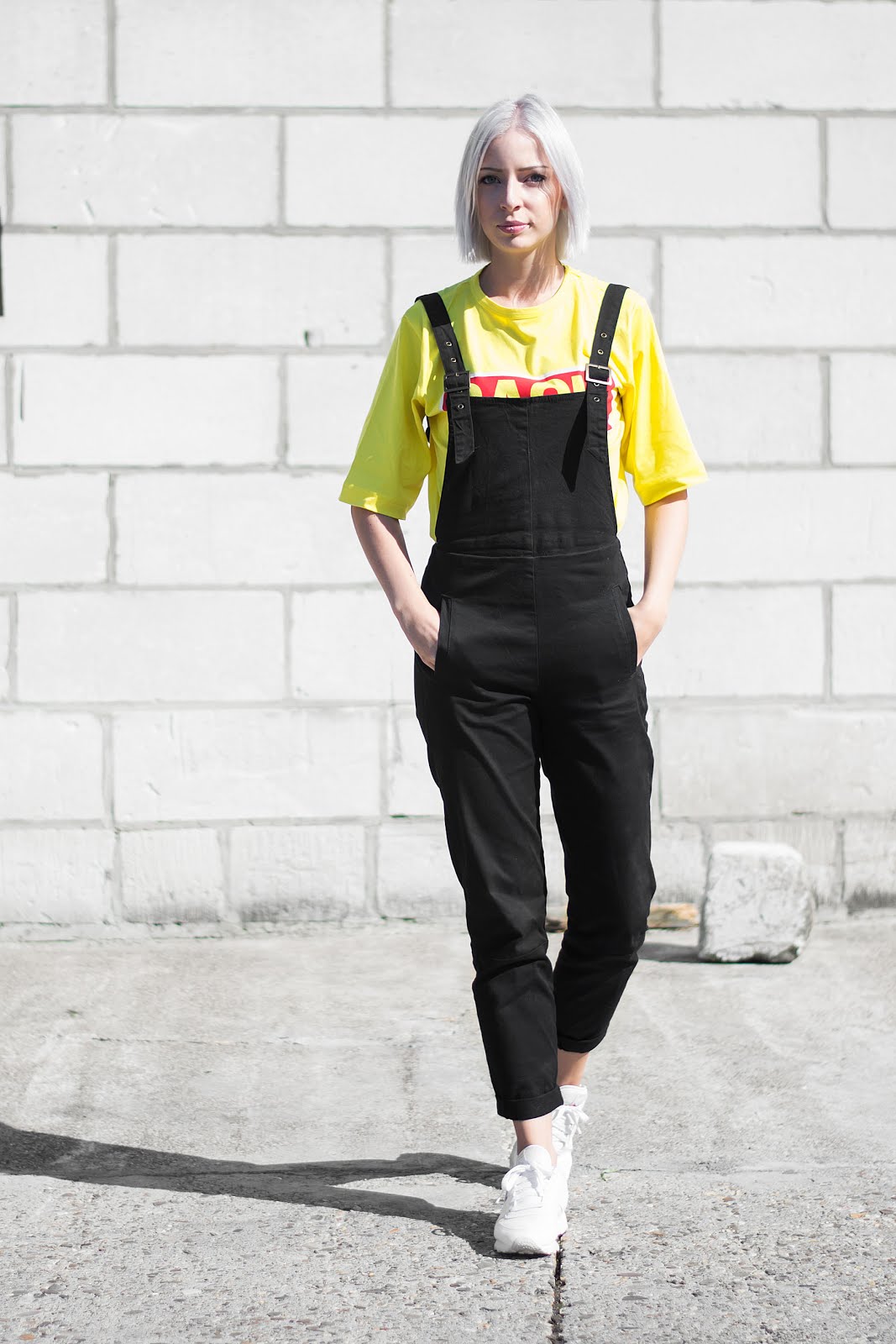 Asos, black dungarees, 90's, Yellow, slogan t-shirt, BACK, reebok classic sneakers, outfit, minimalist