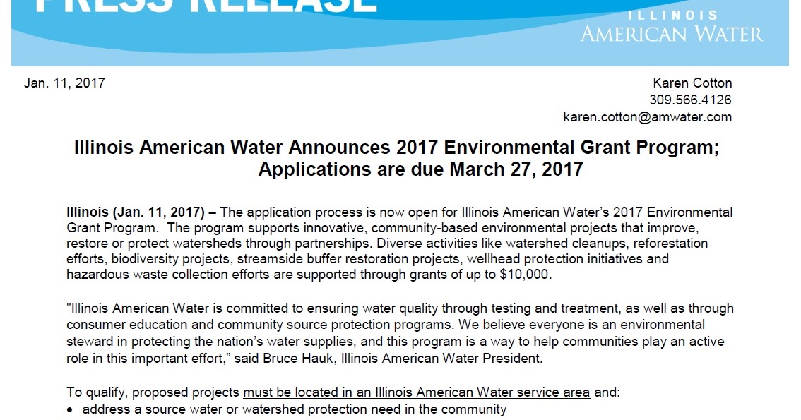 Illinois American Water Announces 2017 Environmental Grant Program
