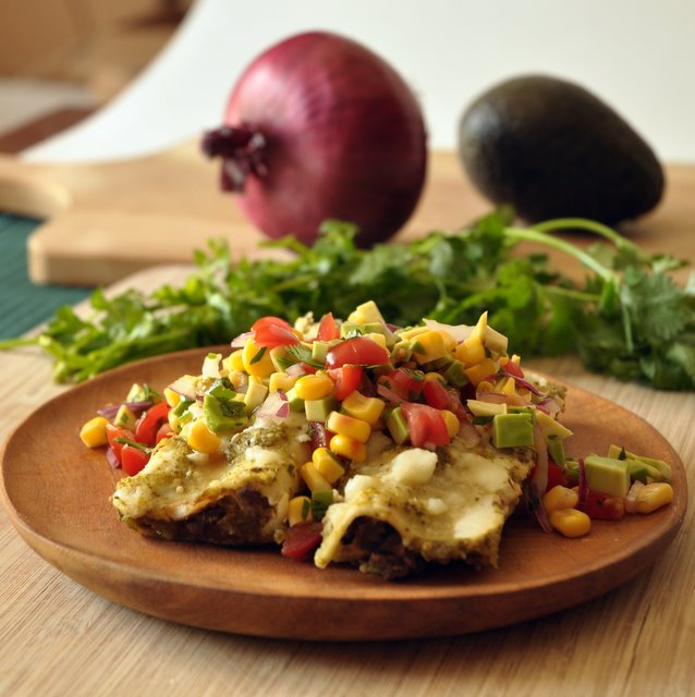 Scrambled Henfruit Black Bean Enchiladas with Salsa Verde and Sweet