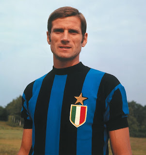 Giacinto Facchetti in the famous blue and black striped shirt of the all-conquering Inter-Milan